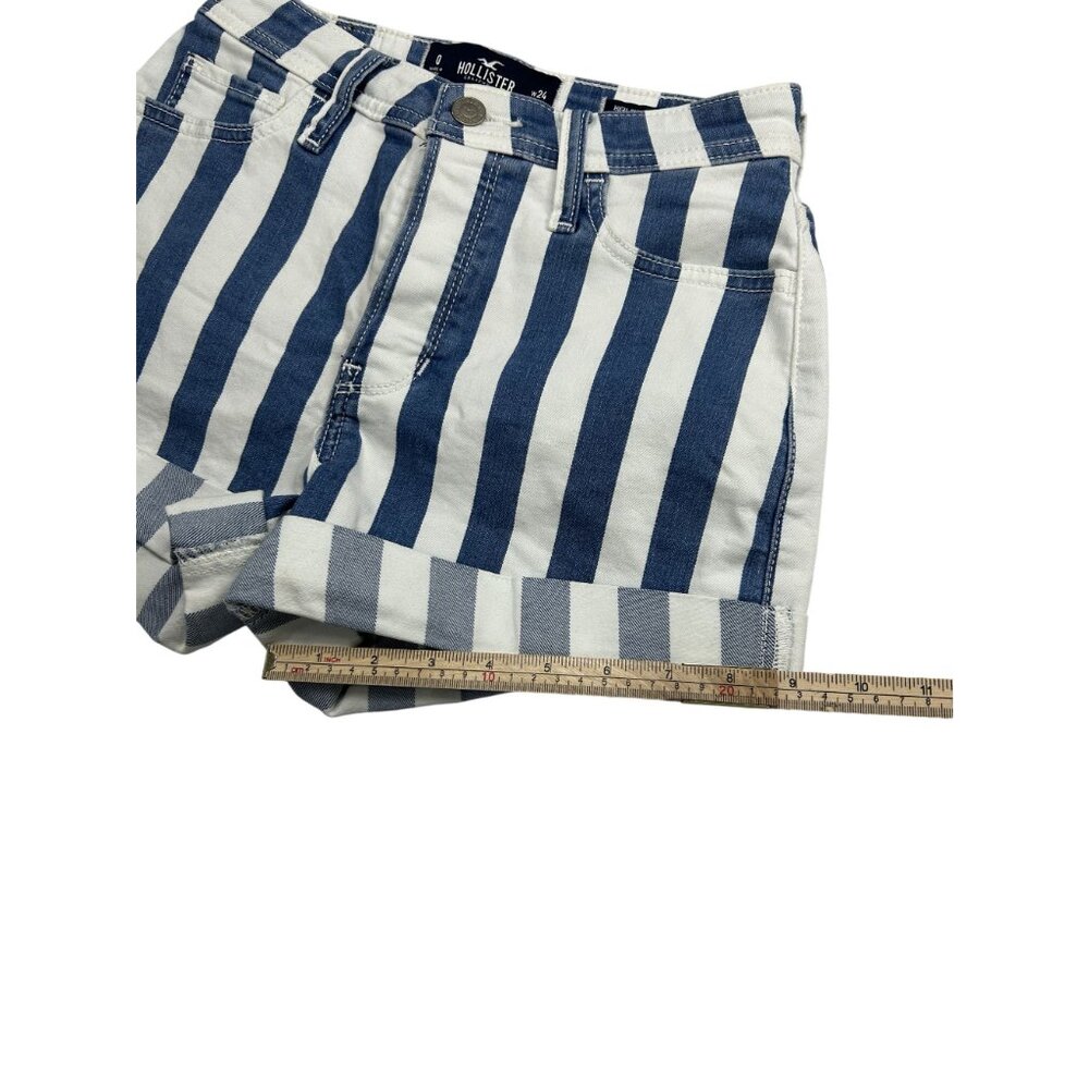 Hollister High-Rise Mom Shorts 3" Blue & White Striped W24 Cotton Blend - Picture 5 of 9